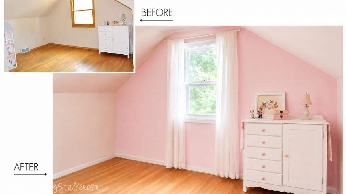 A Pink Shabby Chic Accent wall | Perfect for any little girl! Before-and-after bedroom makeover showing plain white walls transformed with a soft pink accent wall, white curtains, and a vintage dresser.