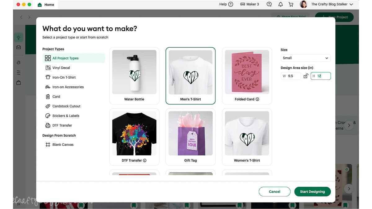 Cricut Design Space project setup screen with Men's T-Shirt selected and the design area set to 9.5 by 12 inches.