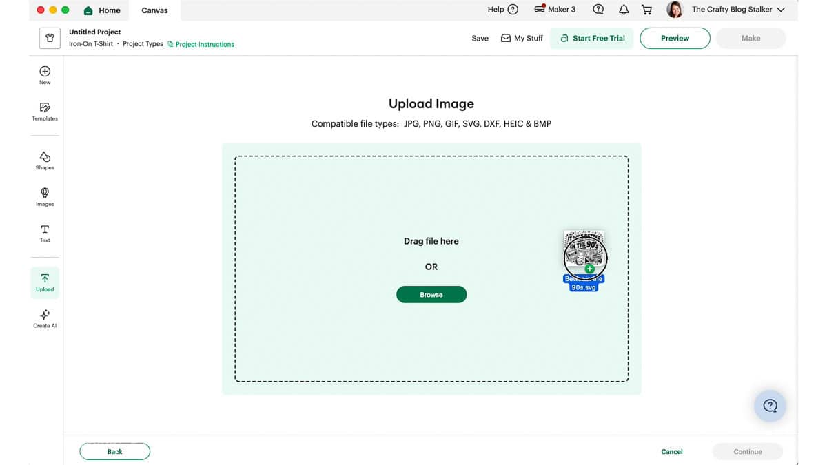 Cricut Design Space Upload Image screen showing an SVG file being dragged into the upload area for a puff vinyl T-shirt project.