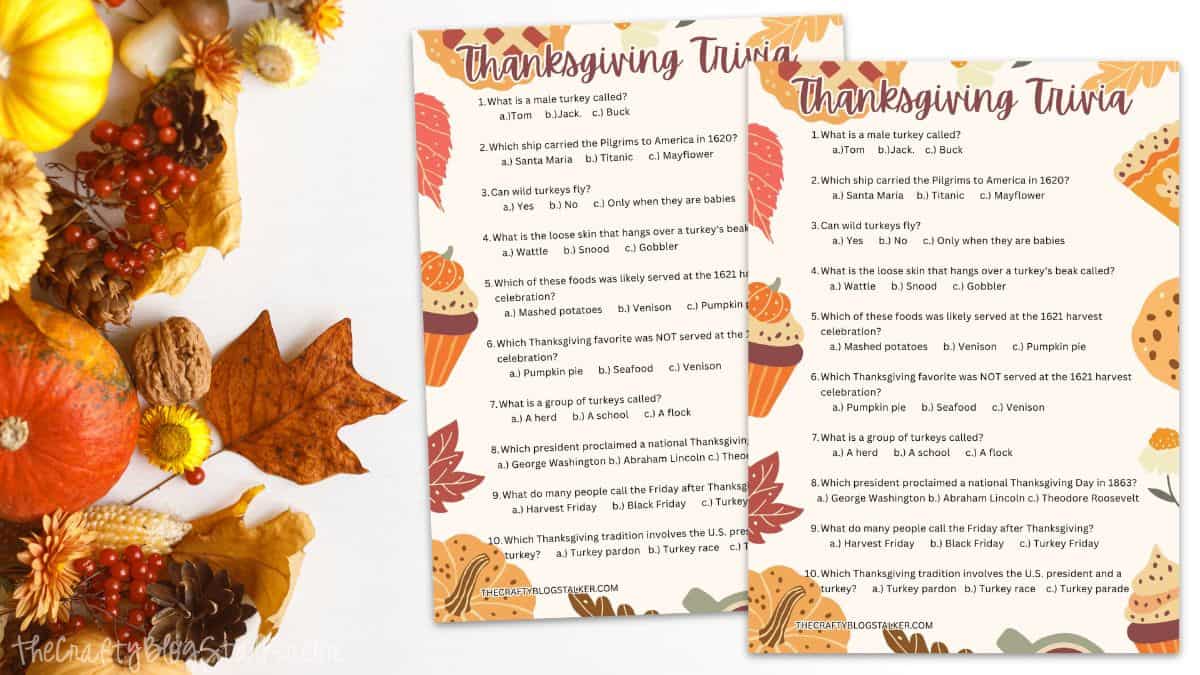 Thanksgiving trivia printable with autumn leaves and pumpkins for holiday fun.