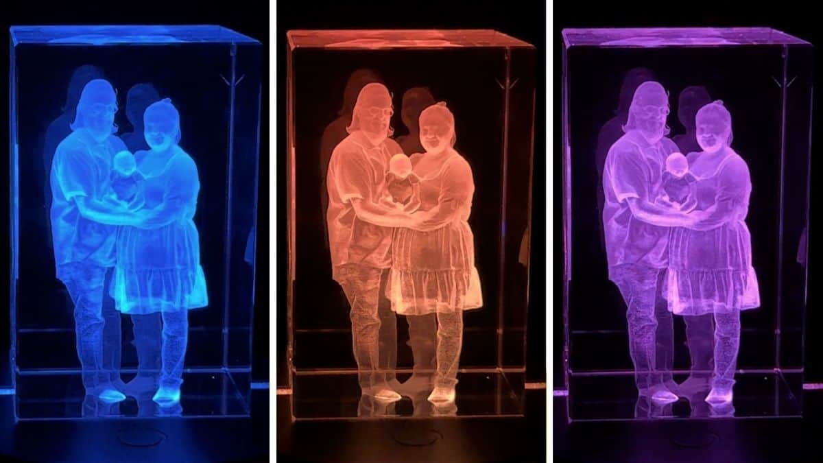 Three views of a 3D laser-engraved family portrait inside a crystal block illuminated with blue, warm white, and purple LED light bases.