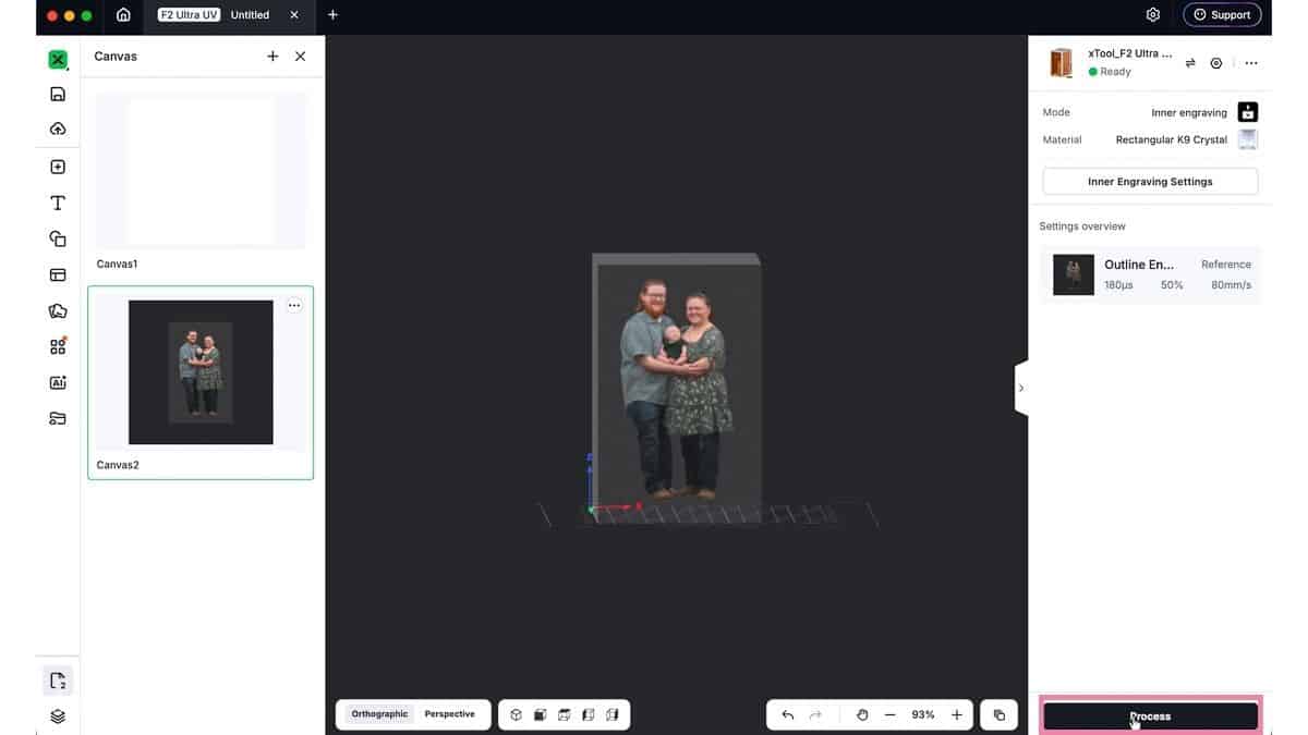 Screenshot of xTool Studio showing a 3D family model inside a crystal block, ready for processing with the Process button highlighted.