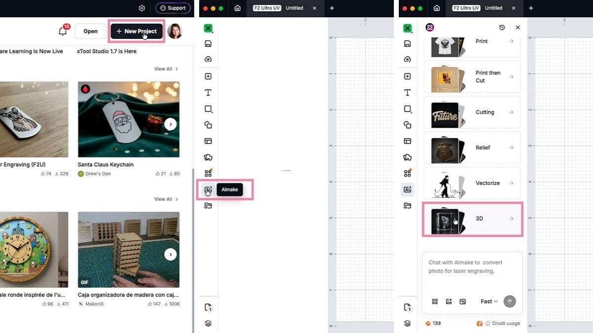Screenshot of xTool Studio home screen with the New Project button highlighted, showing where to start a new laser engraving project.