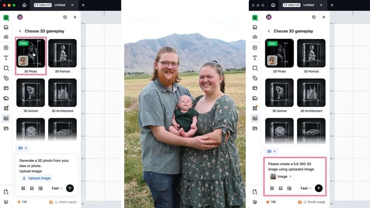 Screenshot sequence in xTool Studio showing the 3D Photo option, uploading a family photo, and entering a prompt to generate a 360-degree 3D engraving.