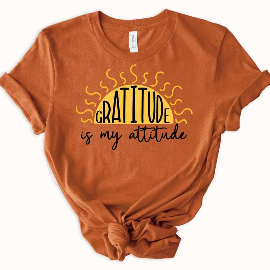 Rust orange T-shirt with a yellow sun graphic and black