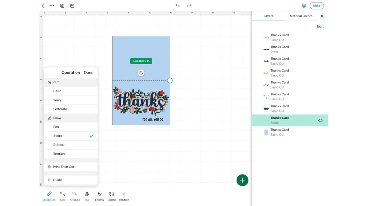 Cricut Design Space showing the thank you card with the fold line selected and the Operation menu set to Score.