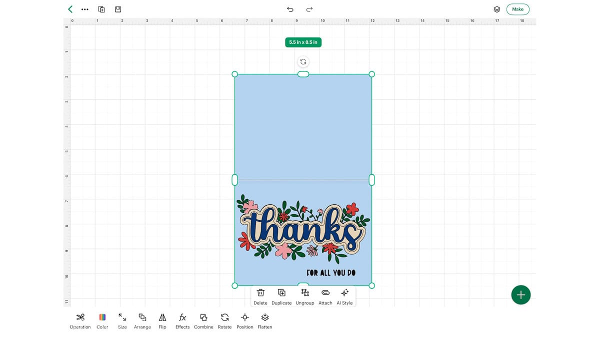 Cricut Design Space canvas showing a 5.5 x 8.5-inch thank you card design with layered