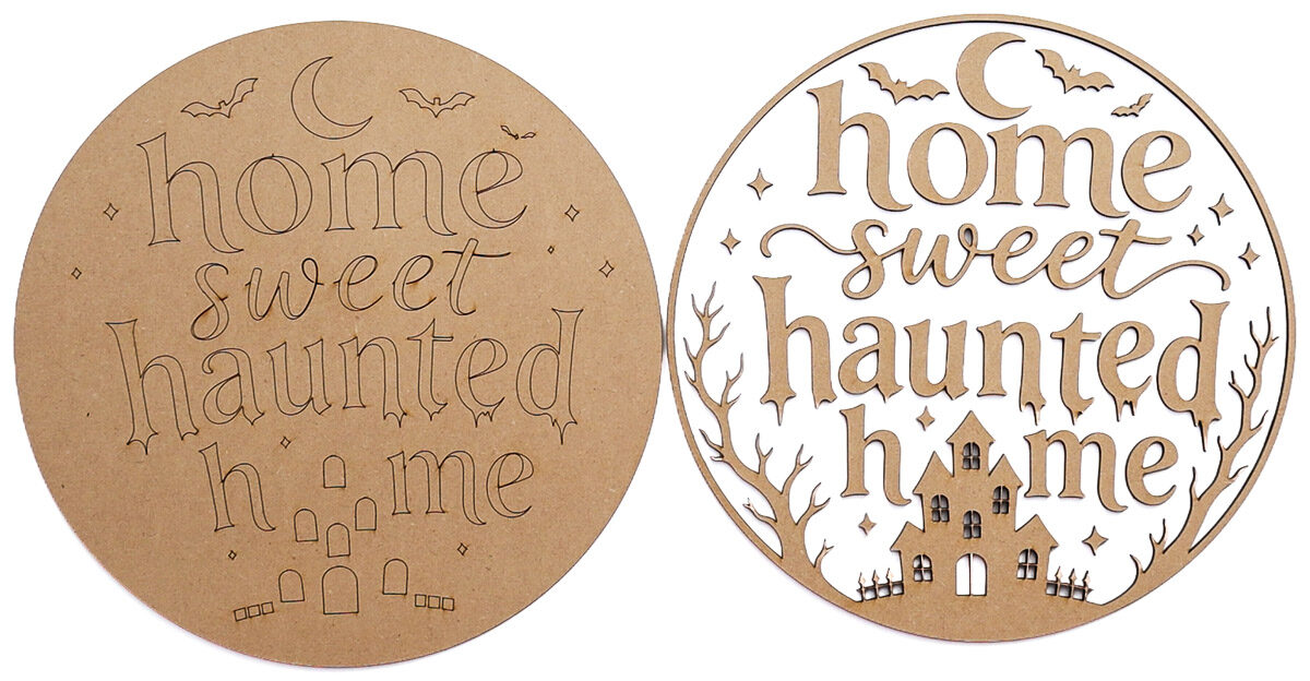 Two laser-cut wood circles for a Home Sweet Haunted Home sign, featuring spooky lettering, bats, a crescent moon, trees, and a haunted house.