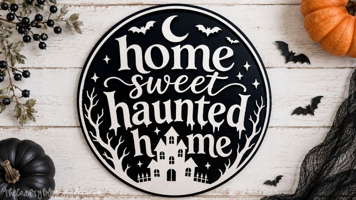 Home Sweet Haunted Home Halloween sign styled with black and orange pumpkins, bats, black berries, and spooky fabric on a white wood background.