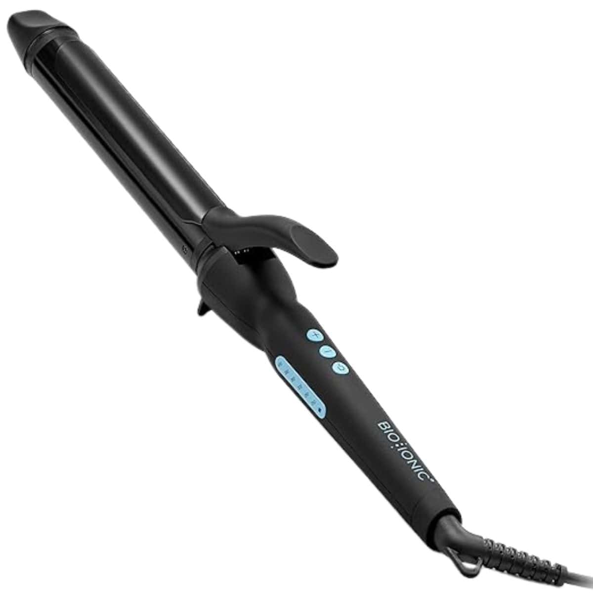 Black Bio Ionic curling iron with a long barrel, clamp, blue control buttons, and a black handle on a white background.