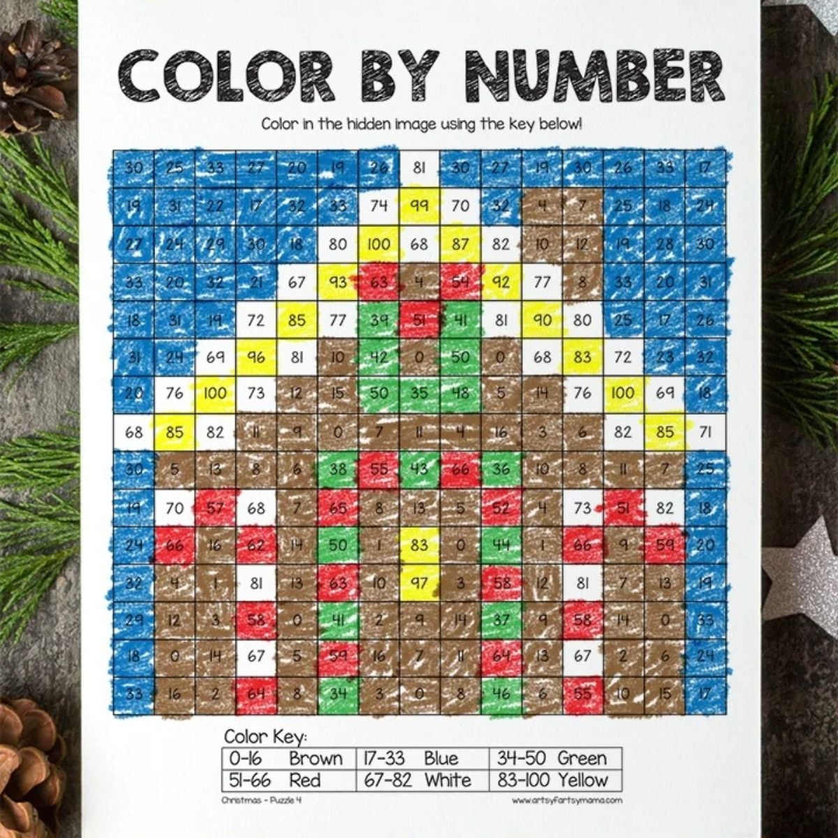 Completed Christmas color by number printable featuring a holiday design in blue, brown, green, red, and yellow, with a number color key below.