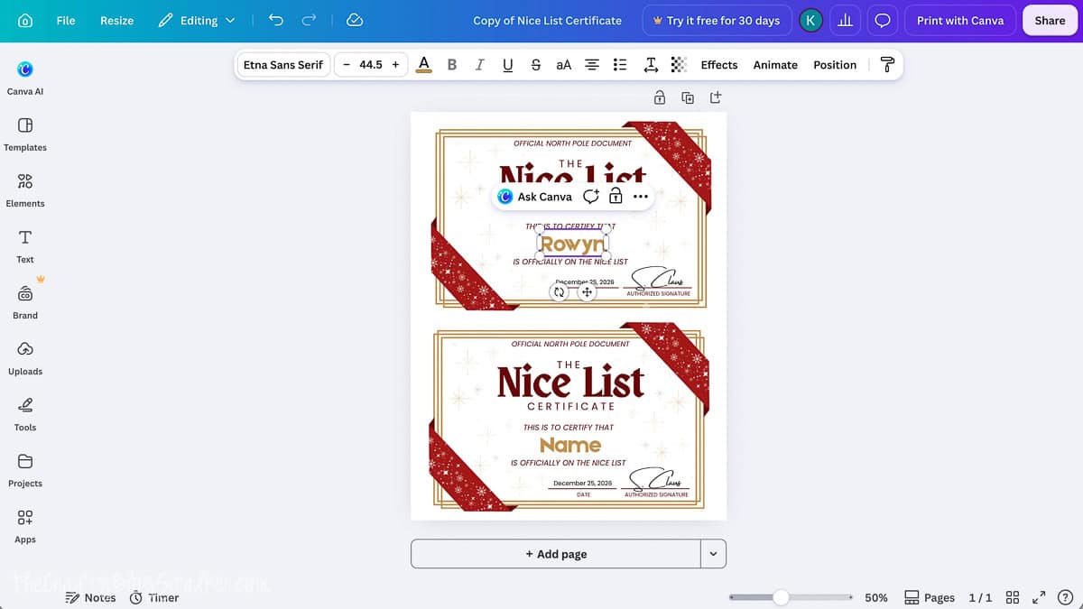 Canva editor showing how to personalize a printable Official Nice List Certificate by changing the name to Rowyn in the selected text box.