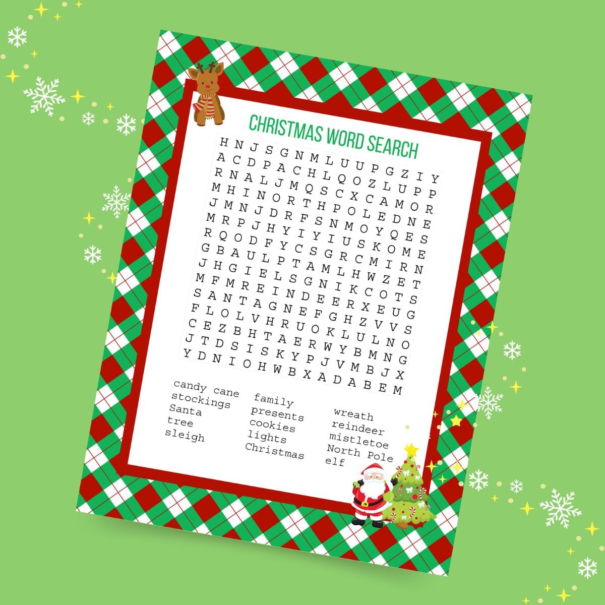 Printable Christmas word search puzzle with a red and green plaid border, Santa and reindeer illustrations, and a list of holiday words.
