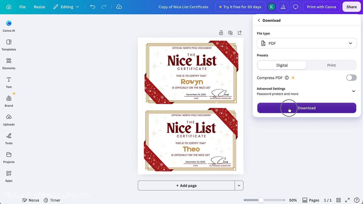 Canva download settings for two personalized Official Nice List Certificates, with PDF selected and the purple Download button highlighted.