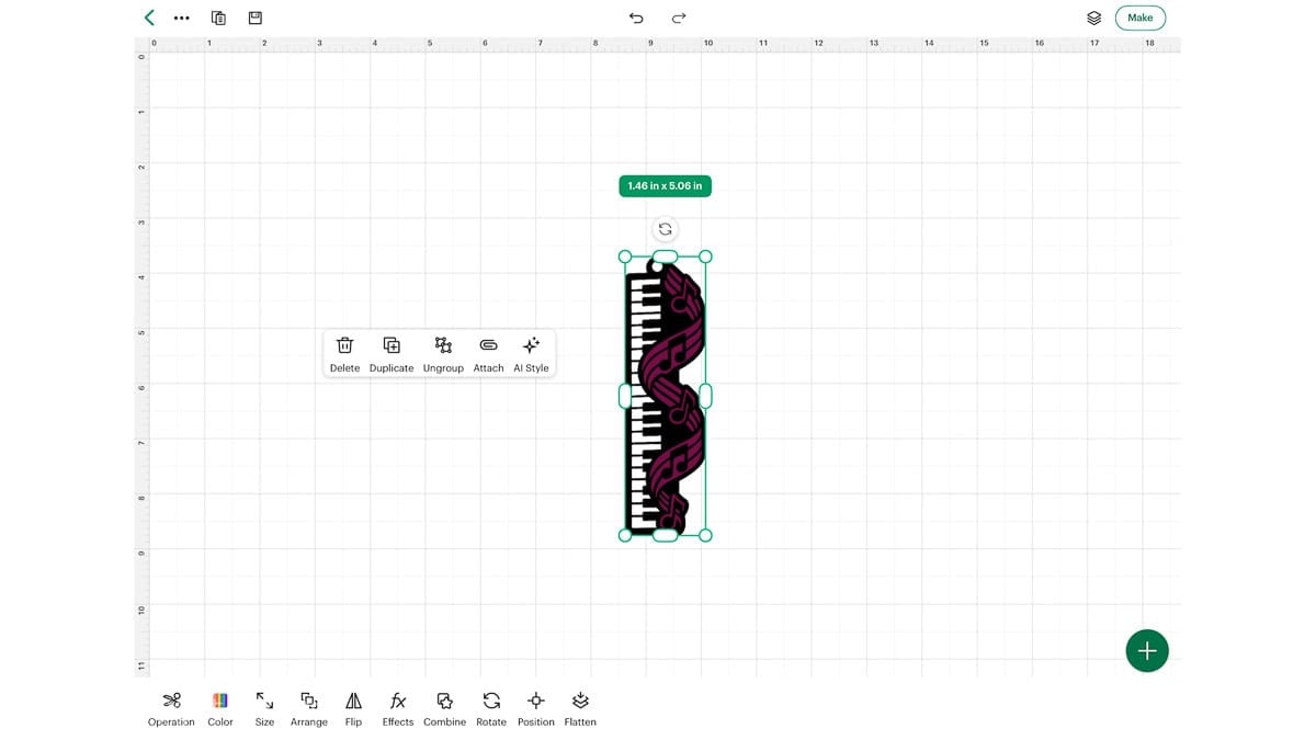 Layered piano bookmark SVG selected in Cricut Design Space, showing black piano keys, pink musical notes, and dimensions of 1.46 by 5.06 inches.