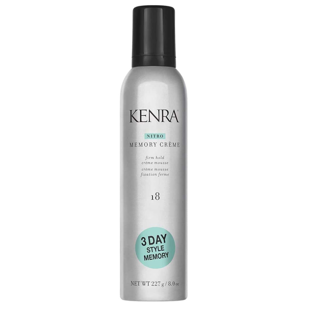 Silver can of Kenra Nitro Memory Crème 18 firm-hold styling mousse with a black cap and 3 Day Style Memory label.