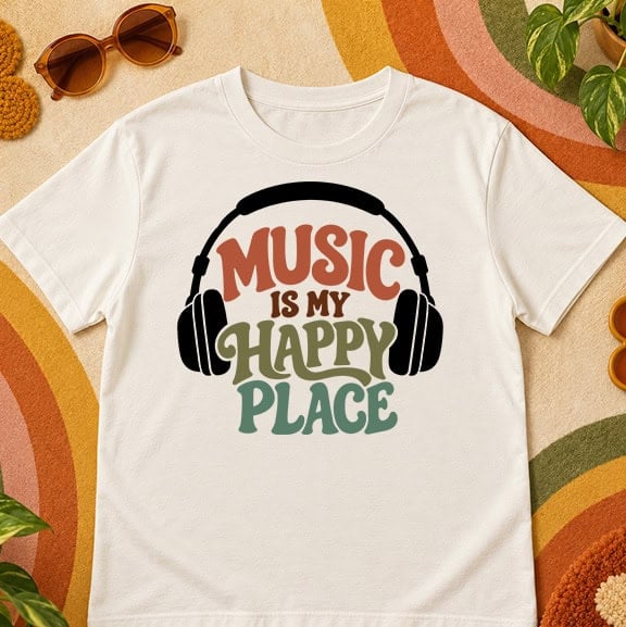Cream T-shirt featuring the phrase "Music Is My Happy Place" in retro orange, green, and teal lettering with black headphones.