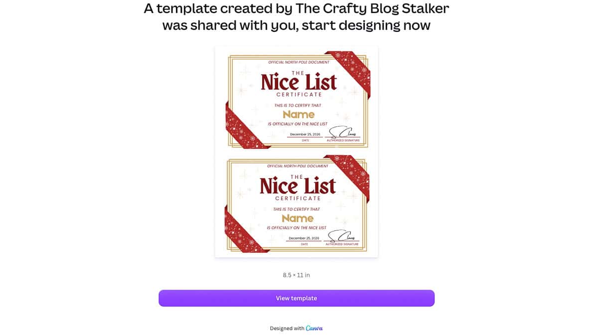 Canva template sharing page displaying two printable Nice List certificates and a purple View template button.