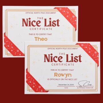 Two personalized printable Nice List certificates for Theo and Rowyn, featuring red snowflake ribbons, gold borders, and Santa's signature.