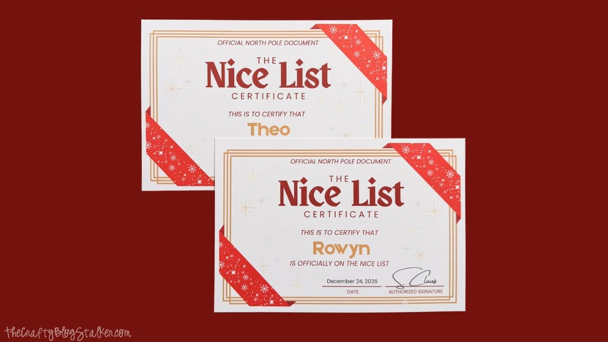 Two personalized printable Nice List certificates for Theo and Rowyn, featuring red snowflake ribbons, gold borders, and Santa's signature.
