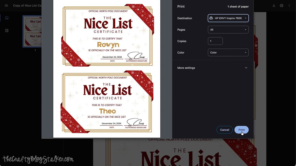 Print preview of two personalized Official Nice List Certificates with printer settings, color options, and the Print button selected.