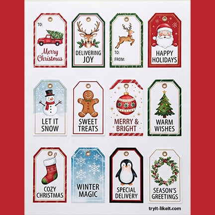 Twelve printable Christmas gift tags featuring Santa, reindeer, snowmen, a gingerbread man, and festive holiday greetings.