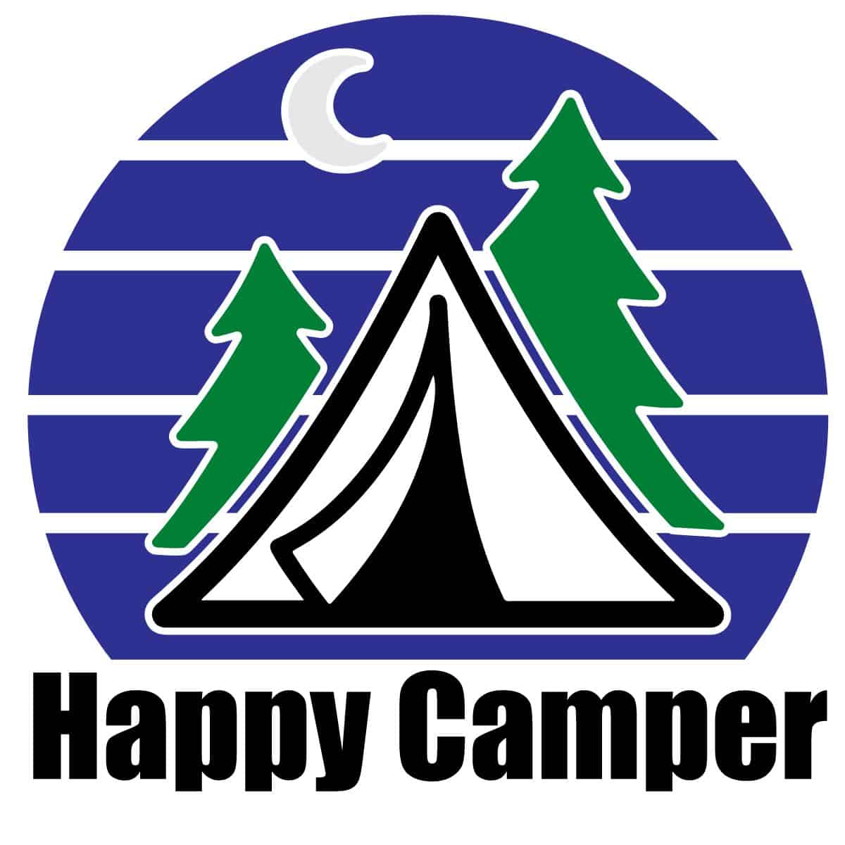 Happy Camper SVG design with a black tent, green pine trees, white crescent moon, and blue striped night sky.