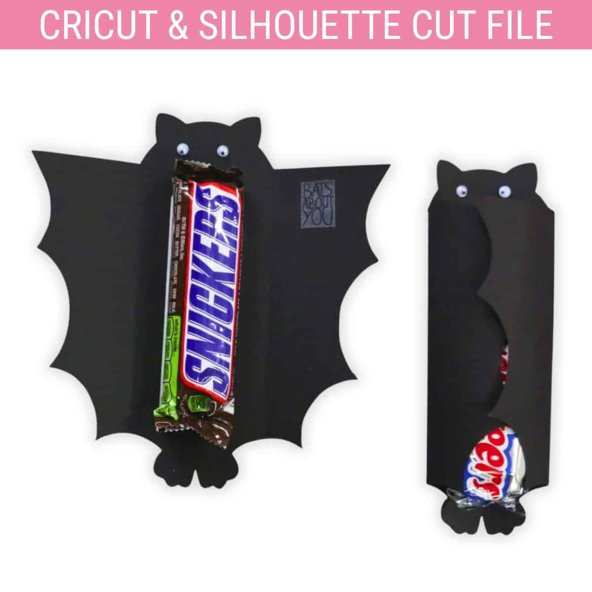 SVG Cut File: Halloween Candy Bar Cover in the shape of Dracula, a ghost, and a bat.