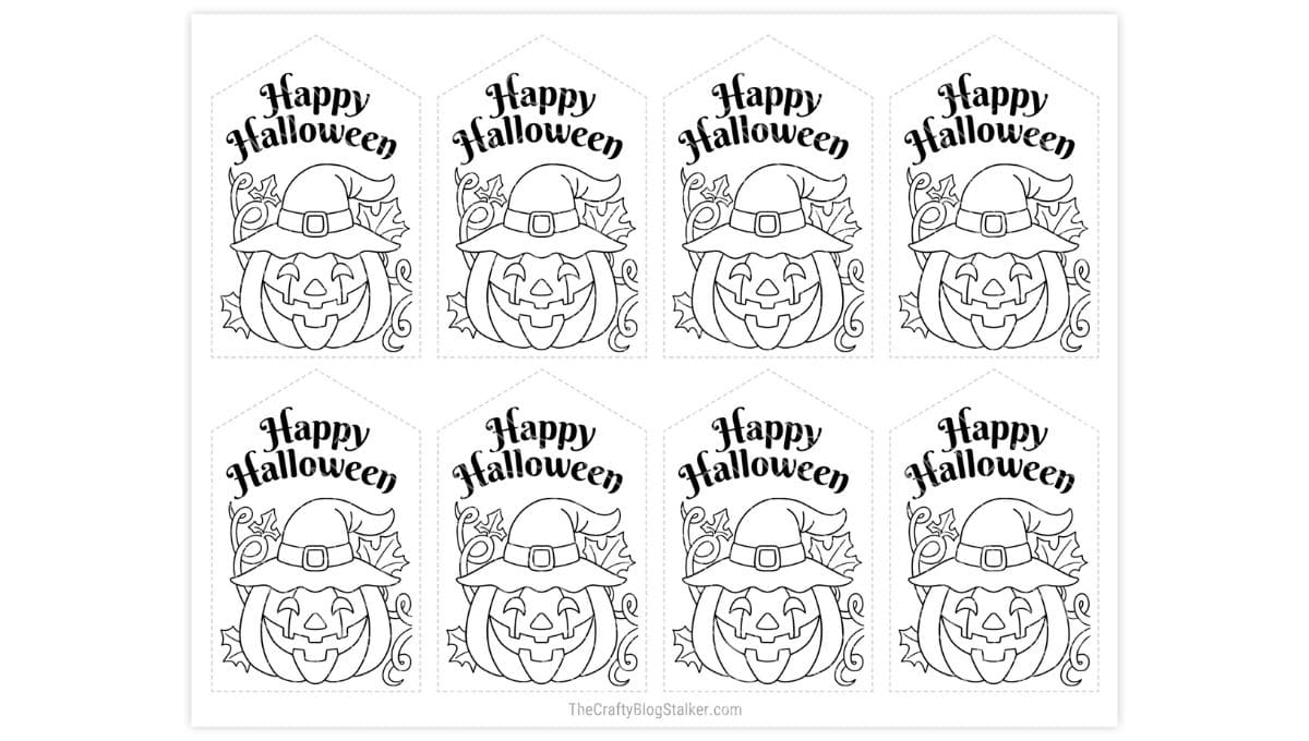 Printable sheet of eight colorable Halloween tags featuring a jack-o'-lantern wearing a witch hat and the phrase "Happy Halloween" in bold text.