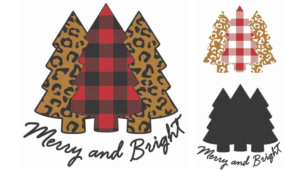 A festive design featuring three stylized Christmas trees-one in plaid and two in a leopard pattern-above the handwritten phrase