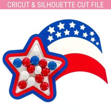 Red, white, and blue patriotic star treat cup filled with candies, paired with a matching arc design featuring cut-out stars for Cricut and Silhouette projects.