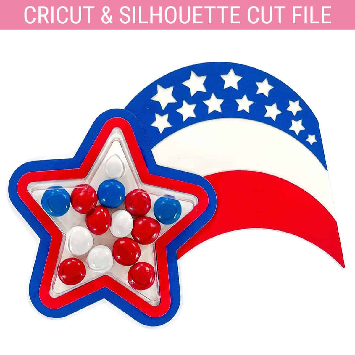 Red, white, and blue patriotic star treat cup filled with candies, paired with a matching arc design featuring cut-out stars for Cricut and Silhouette projects.