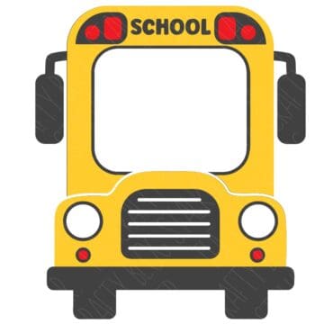 Front-facing yellow school bus SVG design with a cut-out window in the center, perfect for treat cup holders or back-to-school Cricut projects.