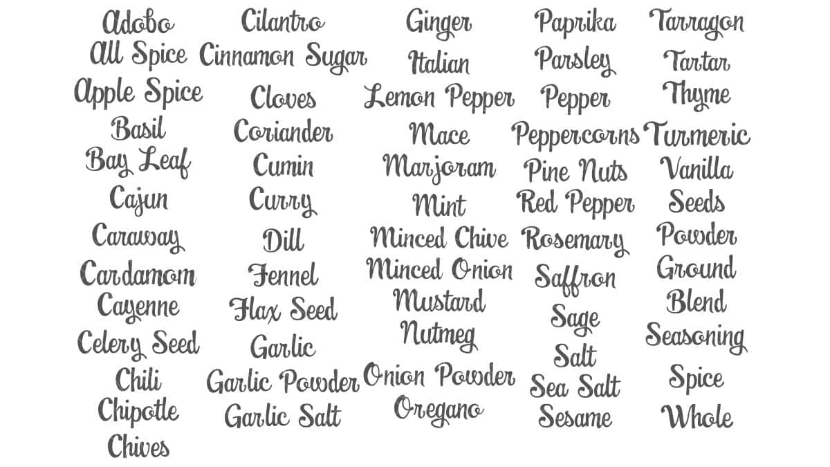 SVG file with kitchen spice and seasoning label words, including basil, oregano, garlic powder, paprika, cinnamon, thyme, and sea salt.