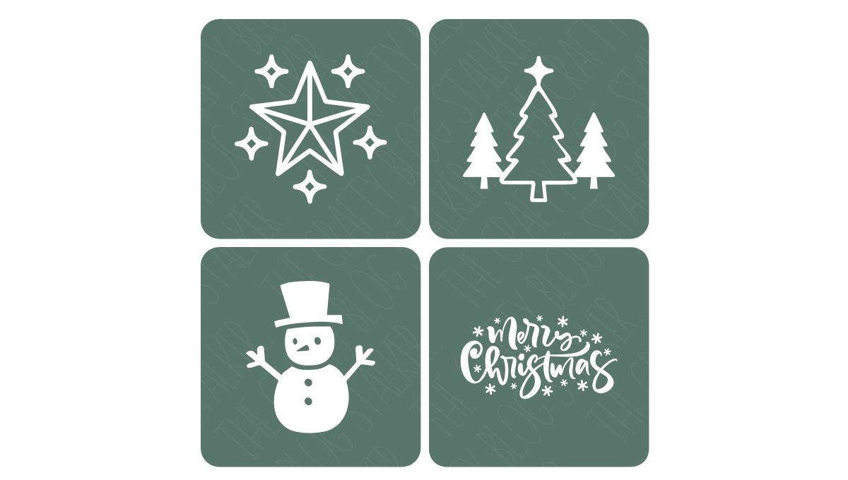 Set of four Christmas stencil designs including a star with sparkles, three Christmas trees, a snowman with a top hat, and a "Merry Christmas" script with snowflakes.