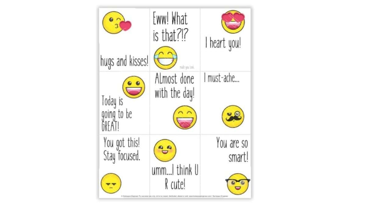 Printable emoji lunchbox notes with smiley faces and phrases like 'You got this!', 'I heart you!', and 'Today is going to be great!'