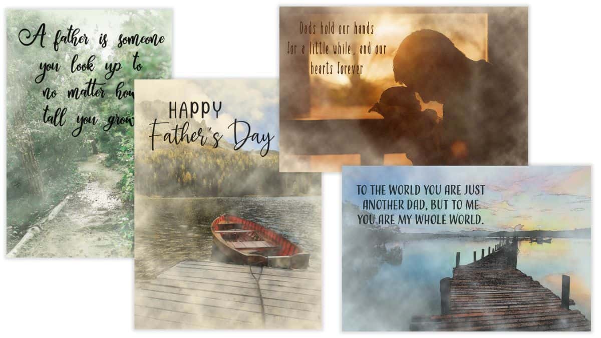 Set of four printable Father's Day cards with watercolor backgrounds and heartfelt quotes, featuring nature scenes like paths, lakes, and docks.