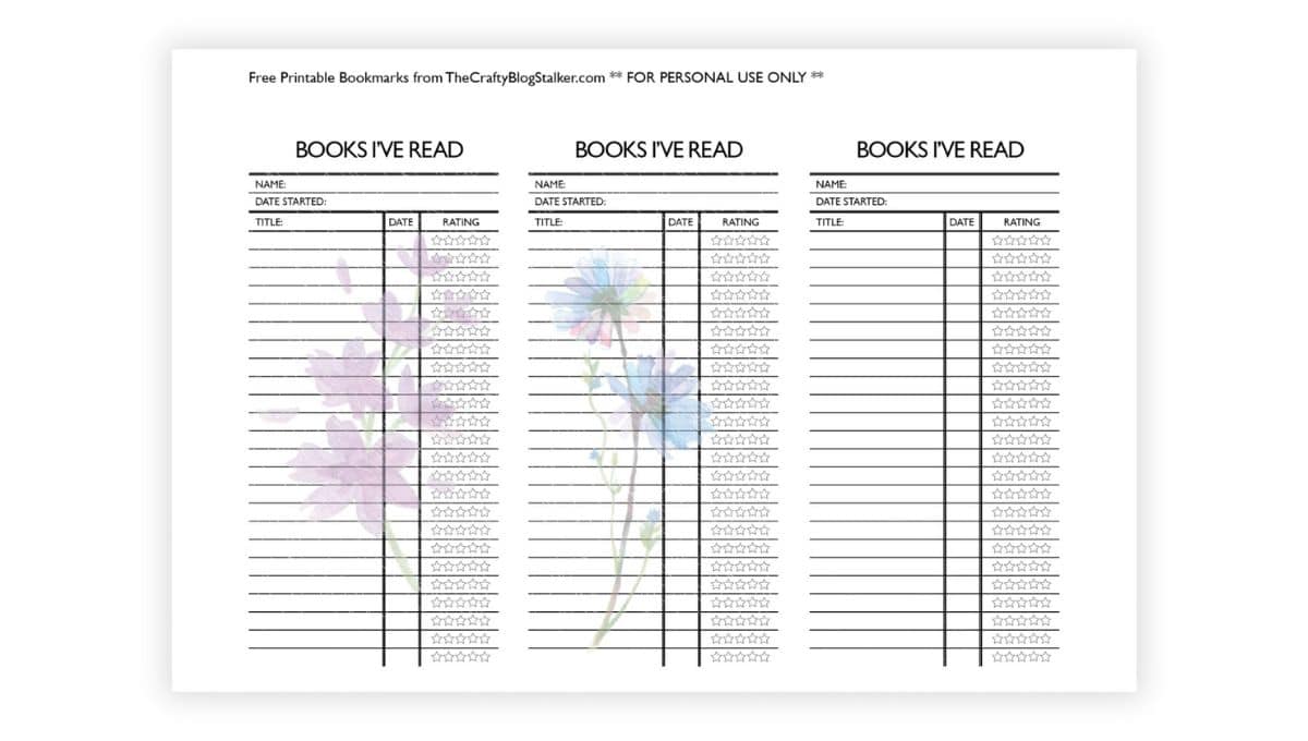 Printable "Books I’ve Read" bookmarks with columns for title, date, and star rating. Includes three floral designs for personal reading tracking.