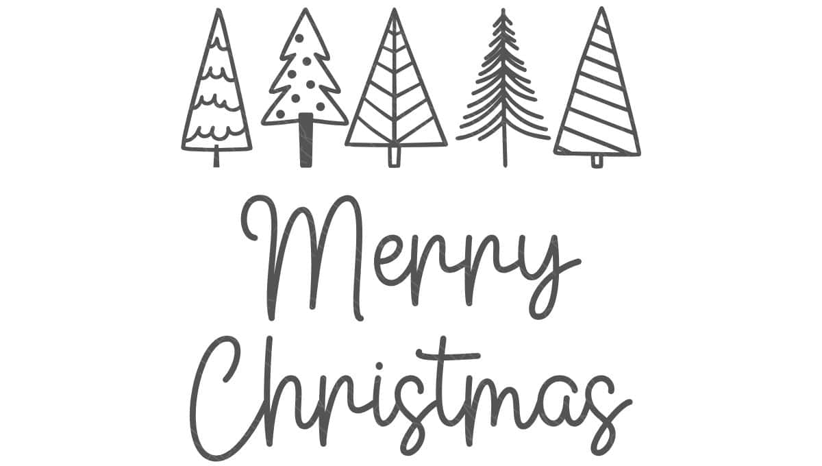 Hand-drawn "Merry Christmas" SVG design with whimsical text and six unique Christmas tree illustrations in a simple black line art style.