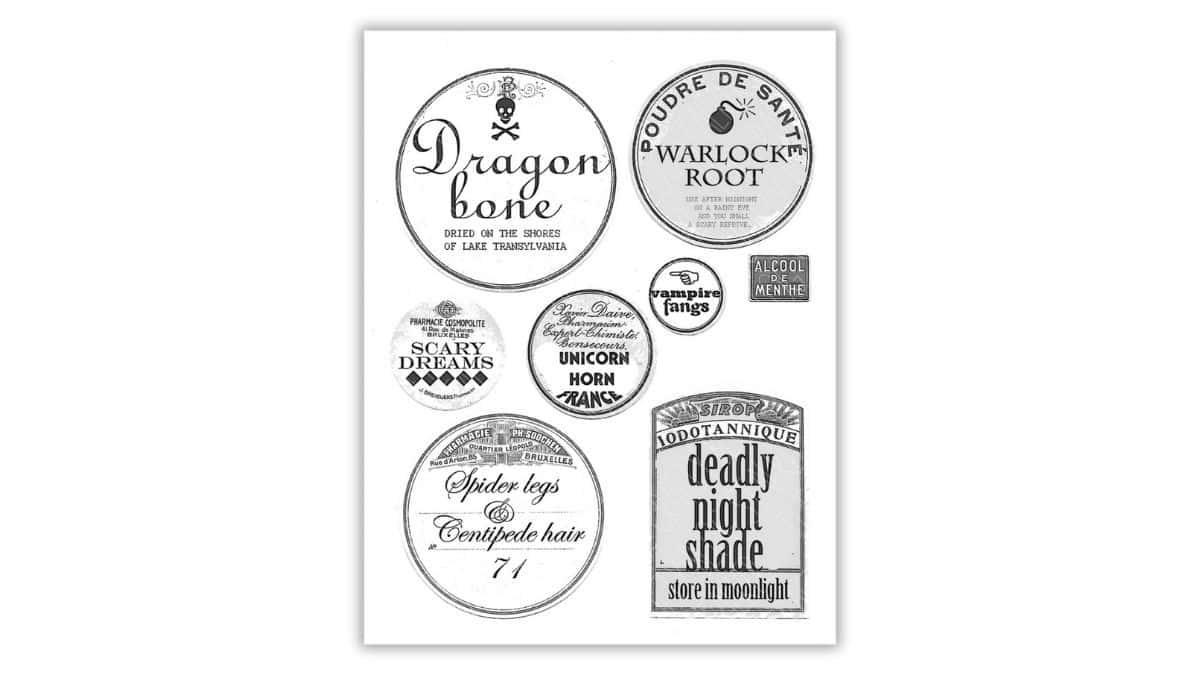 Black and white printable potion labels with spooky names like Dragon Bone, Warlock Root, Vampire Fangs, and Deadly Nightshade in vintage-style designs.