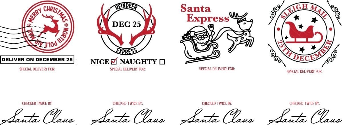 Set of Christmas-themed Santa sack SVG designs with stamps, reindeer, sleighs, and “Checked Twice by Santa Claus” labels for holiday gift bags.
