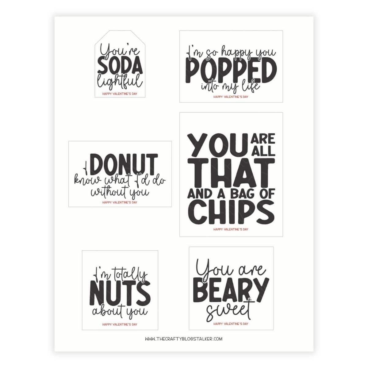 A printable sheet of six black and white Valentine’s Day tags with food puns like “You’re soda-lightful” and “You’re all that and a bag of chips.”