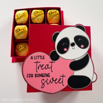Paper box of chocolates with a panda holding a heart that reads 'A little treat for someone sweet'.