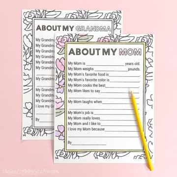 Two printable PDFs for Mother's Day with coloring pencils. About My Mom, About My Grandma.