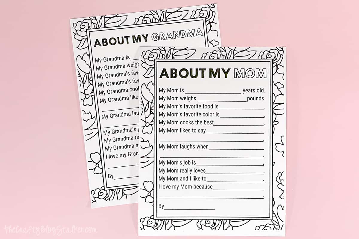 Two printable PDFs for Mother's Day; About My Mom, About My Grandma.