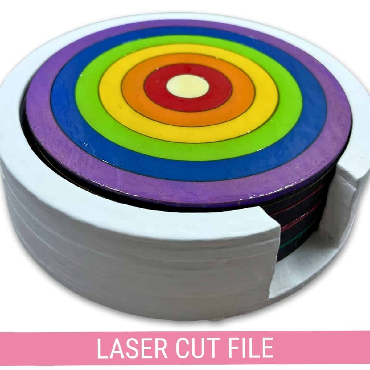 A set of laser cut circle rainbow coasters.