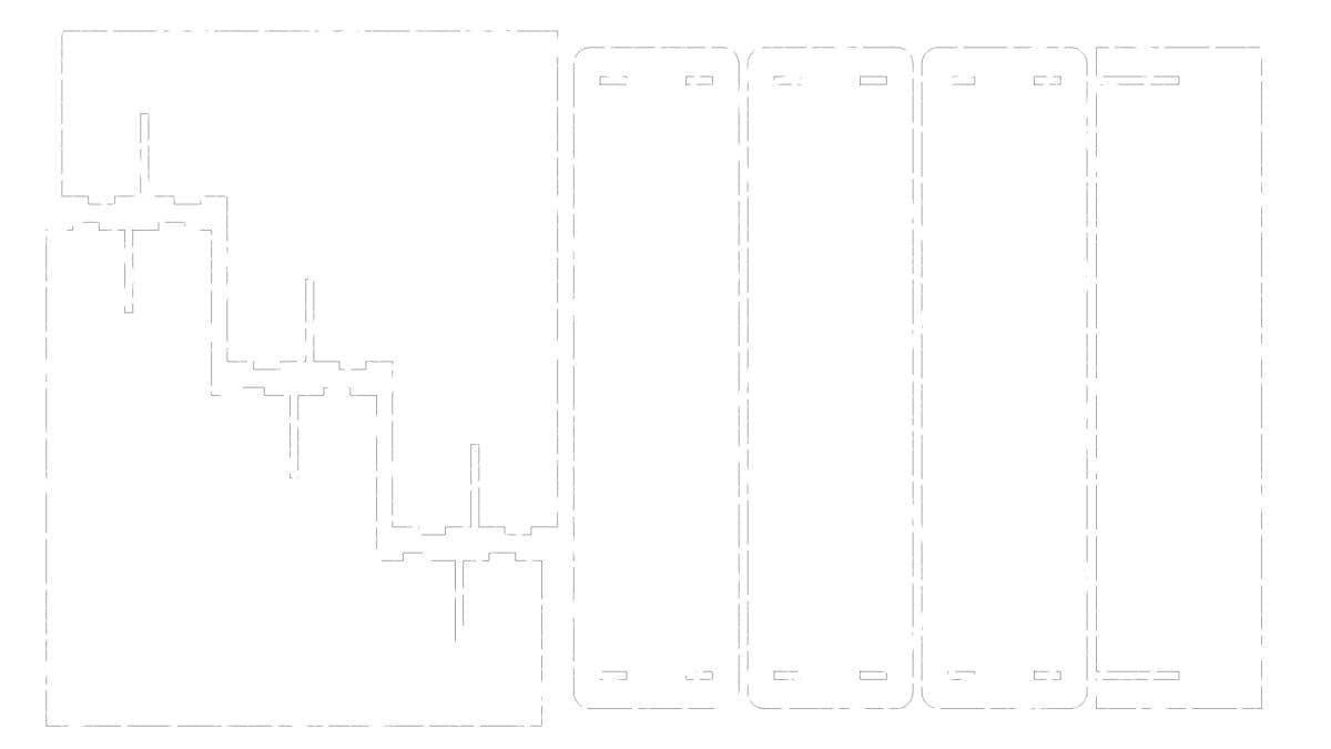Digital template of a cupcake stand with outlined cut shapes, including a large base piece and four rectangular side panels with slots for assembly.