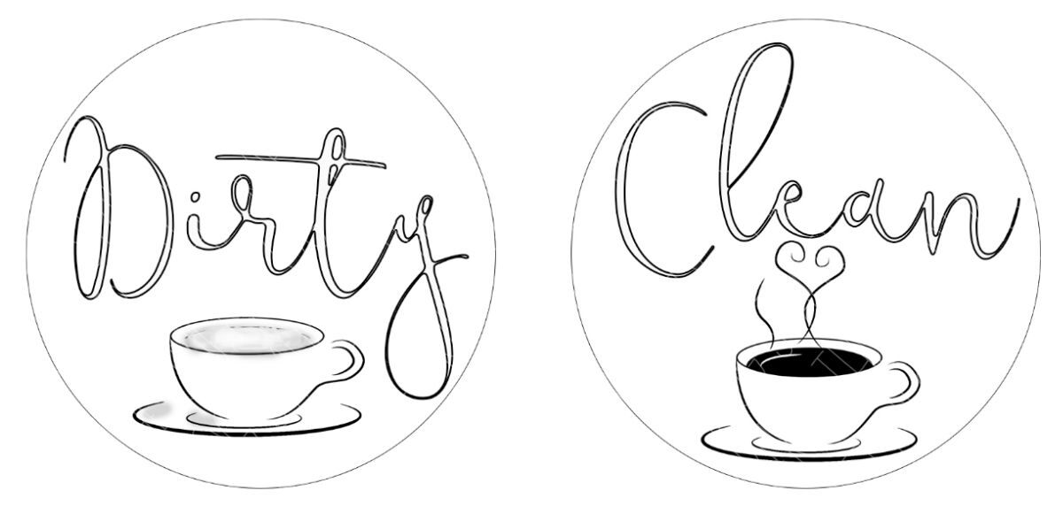 Printable round dishwasher magnets labeled Dirty with an empty cup and Clean with a steaming cup, designed to track dish status.