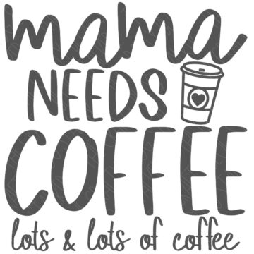 Vector design that reads 'mama needs coffee lots and lots of coffee'.