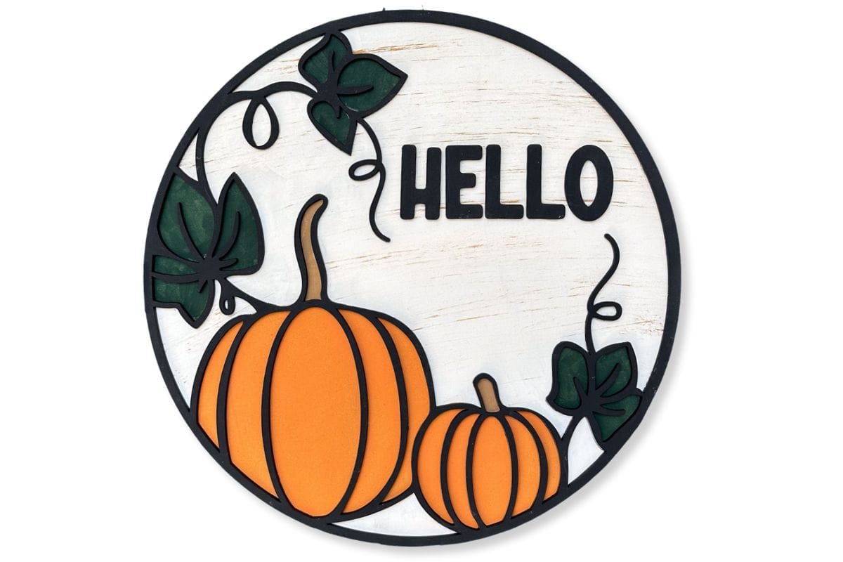 DIY pumpkin door hanger that reads 'Hello'.